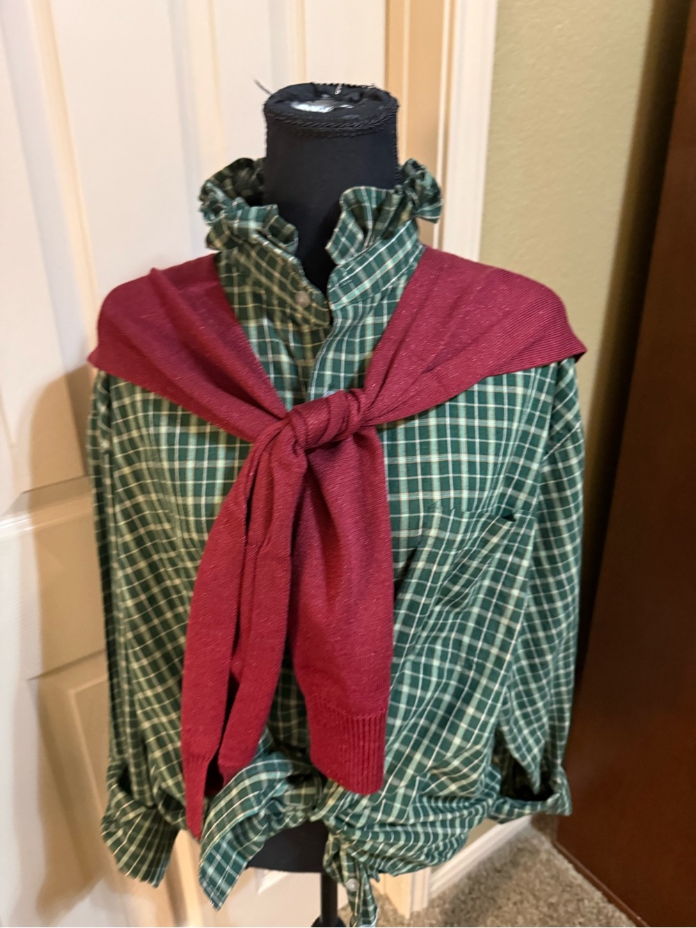 Wrangler Green Plaid Button-Down Shirt with Burgundy Knit Accent